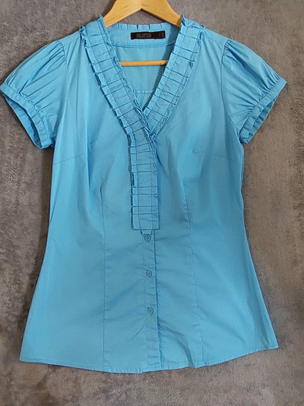 The Limited Blue Ruffle Blouse Short Sleeve V Neck Cotton Stretch Top